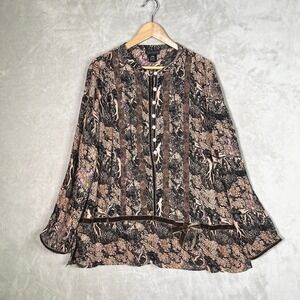 Adolfo 2X Woodland Botanical Floral Blouse Lace‎ Insets Velvet Tie Cottagecore